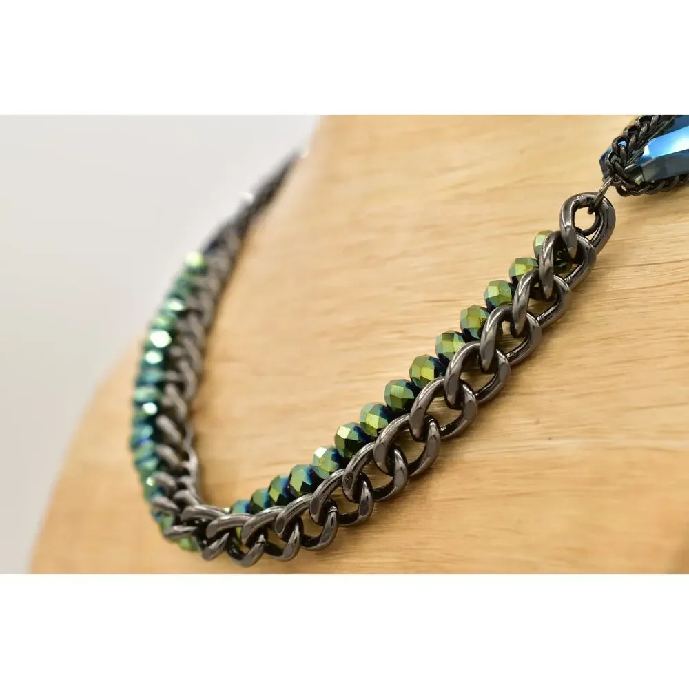 Kenneth Cole Crystal Beaded Necklace Multi-Layered Gunmetal Blue Green BinBD
